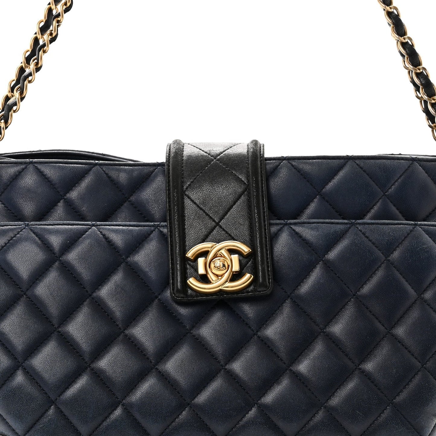 Lambskin Quilted Elegant CC Shopping Tote Navy Black