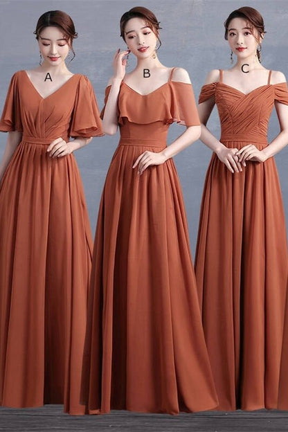 4 Styles Rust Orange Chiffon Long Mismatched Bridesmaid Dresses