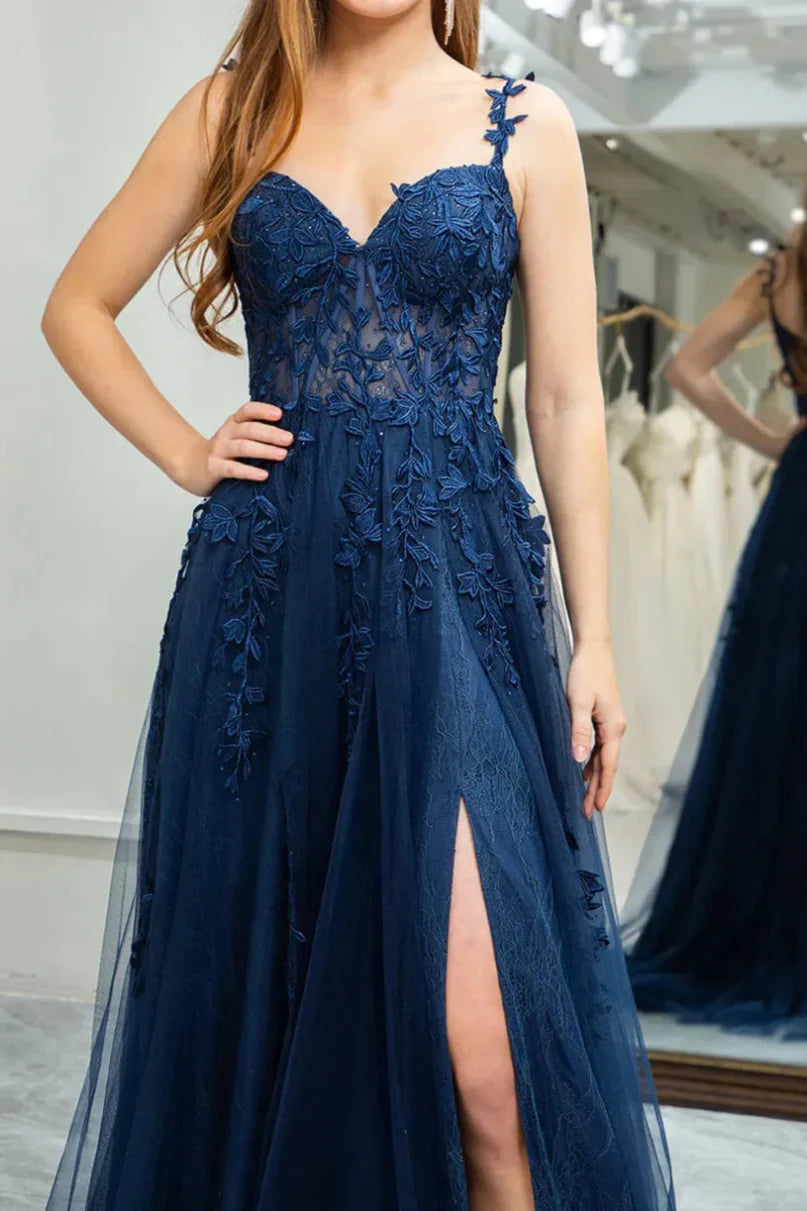 Dark Navy Sweetheart Lace Appliques Tulle A-line Prom Dress