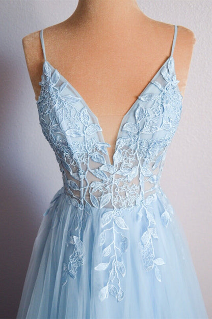 Lace Top Tulle A-Line V-Neck Sleeveless Party Prom Dress