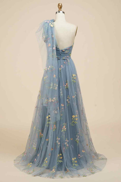 One Shoulder Empire Floral Tulle A-Line Prom Party Dress