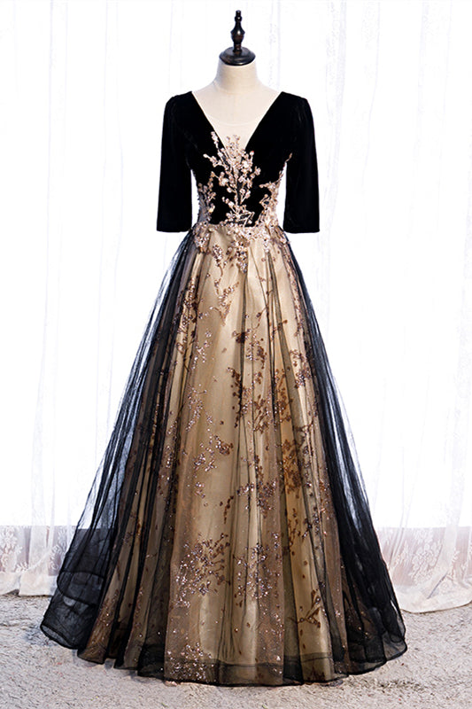 Chic A-Line V-Neck Half Sleeves Appliques Party Prom Dress
