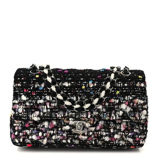 Tweed Quilted Medium Double Flap Black White Yellow Pink