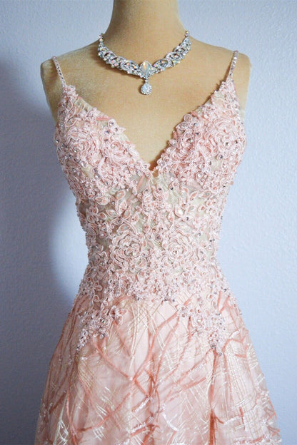 V-Neck Spaghetti Straps A-Line Appliques Prom Party Dress