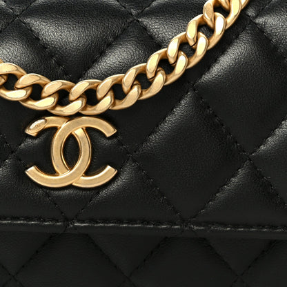 Lambskin Quilted Sweet Camellia Flap Phone Holder With Chain Black