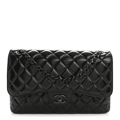Shiny Crumpled Calfskin Quilted Jumbo Double Flap So Black