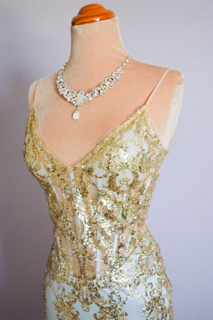 Sparkly V-Neck Sleeveless Mermaid Lace Prom Party Dress