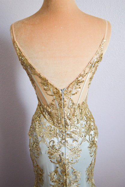 Sparkly V-Neck Sleeveless Mermaid Lace Prom Party Dress