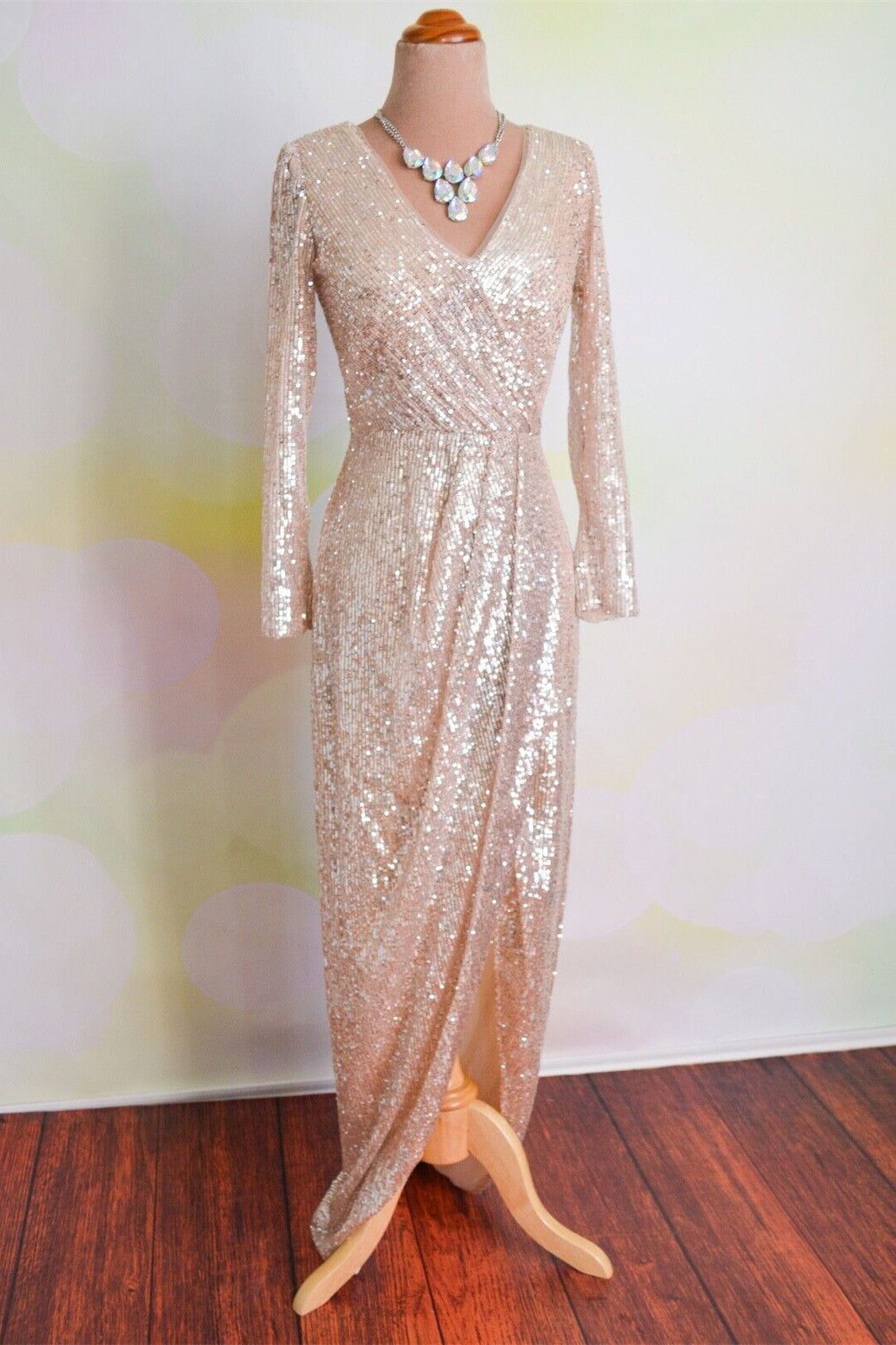 Blushing Pink Faux-wrap Long Sleeves Sequins Long Formal Dress