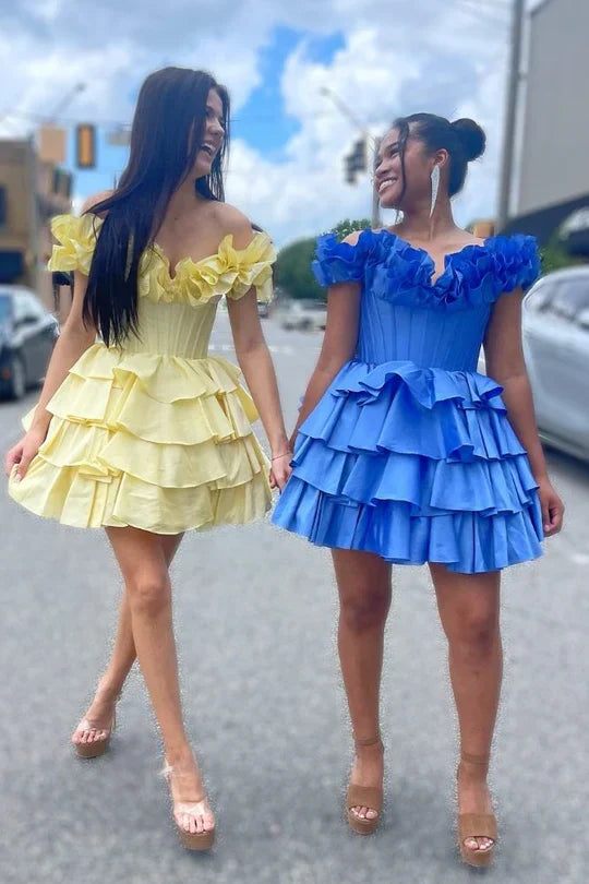 Blue Off-the-shoulder A-line Satin Appliques Mini Homecoming Dress