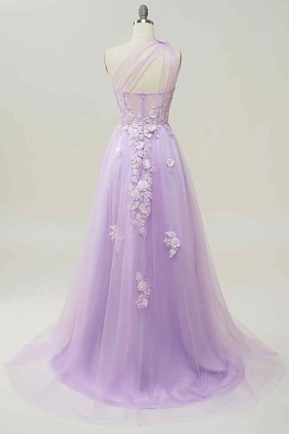 3D Floral One Shoulder Tulle A-Line Prom Party Dress