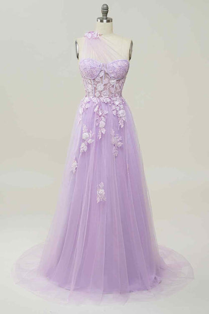 3D Floral One Shoulder Tulle A-Line Prom Party Dress