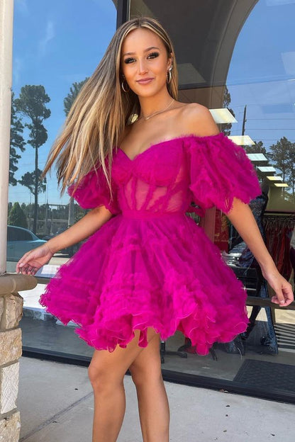 Pink A-line Off-the-shoulder Tulle Ruffle Homecoming Dress