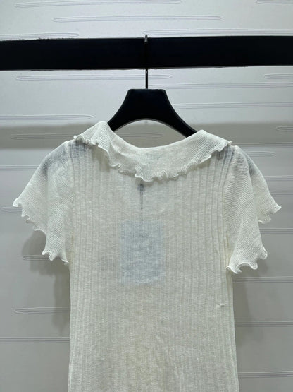 Chanel 2026 Ruffled Knit V-neck Short-sleeved T-shirt White Wool 356523
