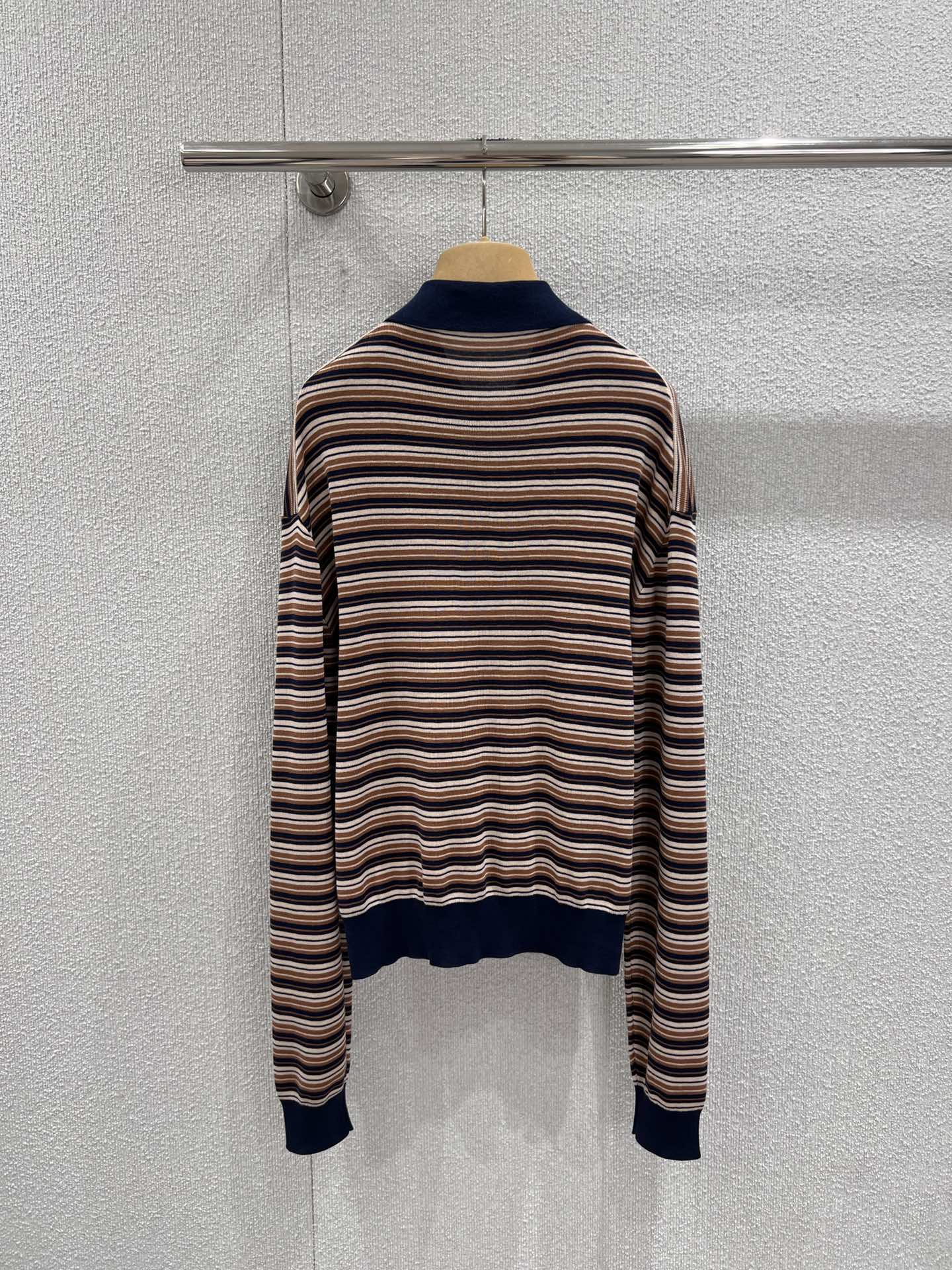 Miumiu 2026 Striped Long-sleeve Knit Polo Shirt Beige Brown Multicolour Wool 349007