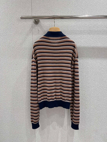 Miumiu 2026 Striped Long-sleeve Knit Polo Shirt Beige Brown Multicolour Wool 349007