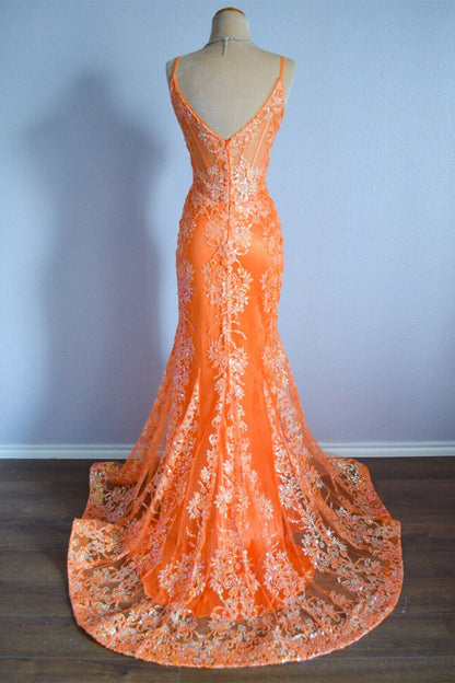 V-Neck Open Back Mermaid Lace Prom Party Dress