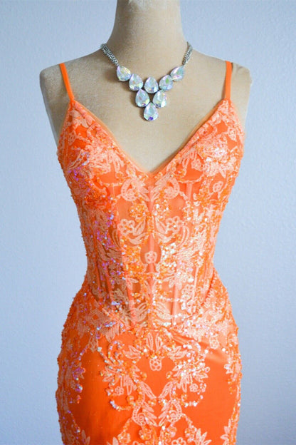 V-Neck Open Back Mermaid Lace Prom Party Dress