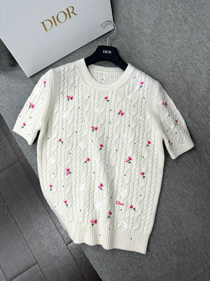 CD Short-Sleeved Sweater Small Floral Embroidery Ivory Wool 349483