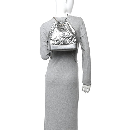 Metallic Crumpled Calfskin Quilted Small Gabrielle Backpack Silver