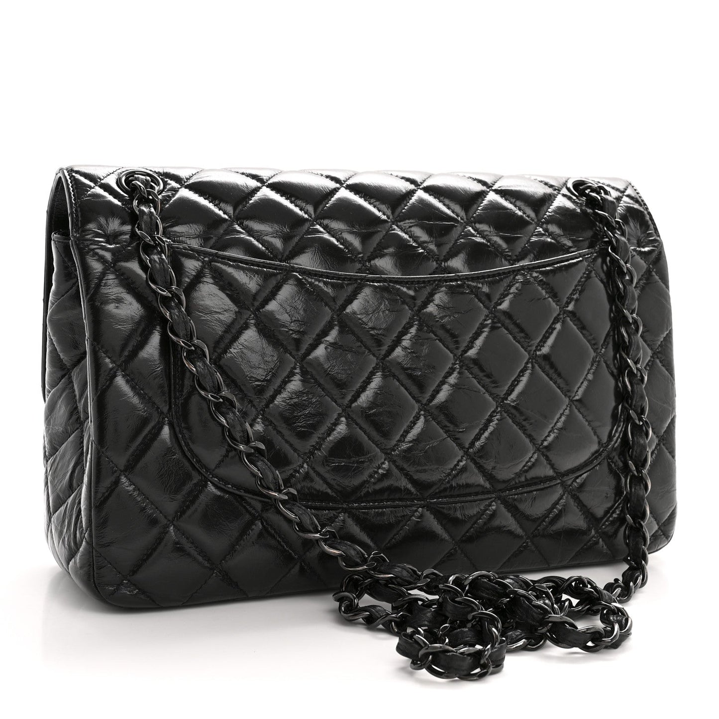 Shiny Crumpled Calfskin Quilted Jumbo Double Flap So Black