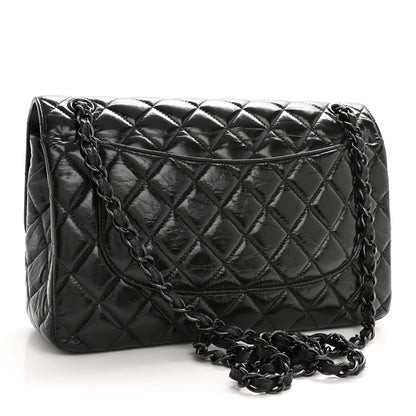Shiny Crumpled Calfskin Quilted Jumbo Double Flap So Black