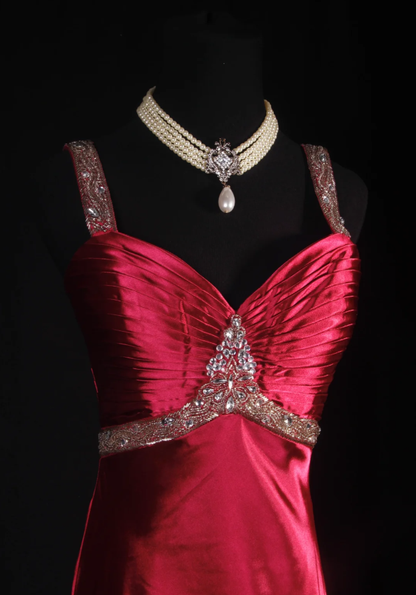 Pretty Burgundy Spaghetti Straps Satin Beaded Mermaid Long Evening Dress Prom Gown SP1697