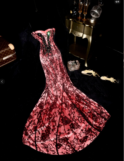 Pretty Strapless Satin Lace Beaded Mermaid Long Evening Dress Formal Birthday Prom Gown SP1430