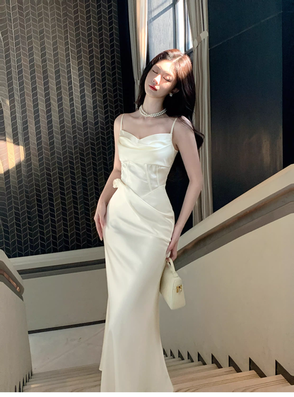 Classy Spaghetti Straps Satin Mermaid Long Wedding Guest Dress Light Apricot Party Dress SP1498