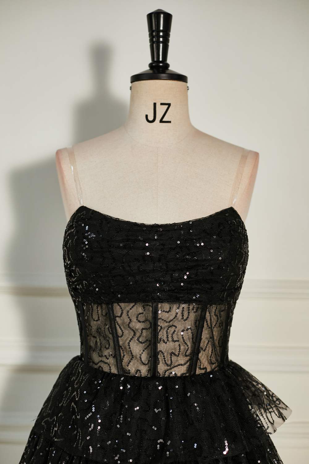 Black Sequined Strapless Multi-Layers Tulle Homecoming Dress