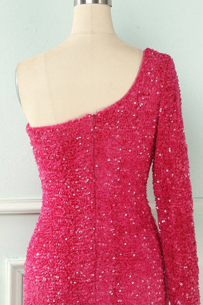 Bodycon One Shoulder Long Sleeves Sparkly Mini Homecoming Dress