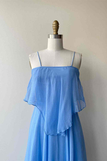 Blue A-line Spaghetti Straps Silk Scarf Chiffon Knee Length Bridesmaid Dress