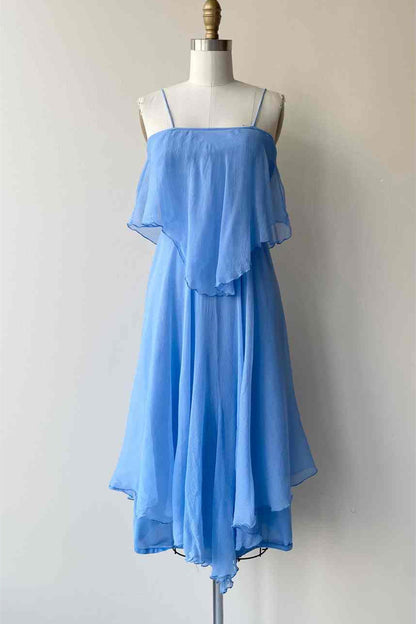 Blue A-line Spaghetti Straps Silk Scarf Chiffon Knee Length Bridesmaid Dress