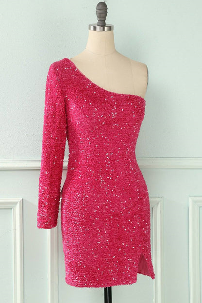 Bodycon One Shoulder Long Sleeves Sparkly Mini Homecoming Dress