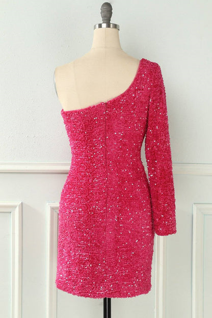 Bodycon One Shoulder Long Sleeves Sparkly Mini Homecoming Dress