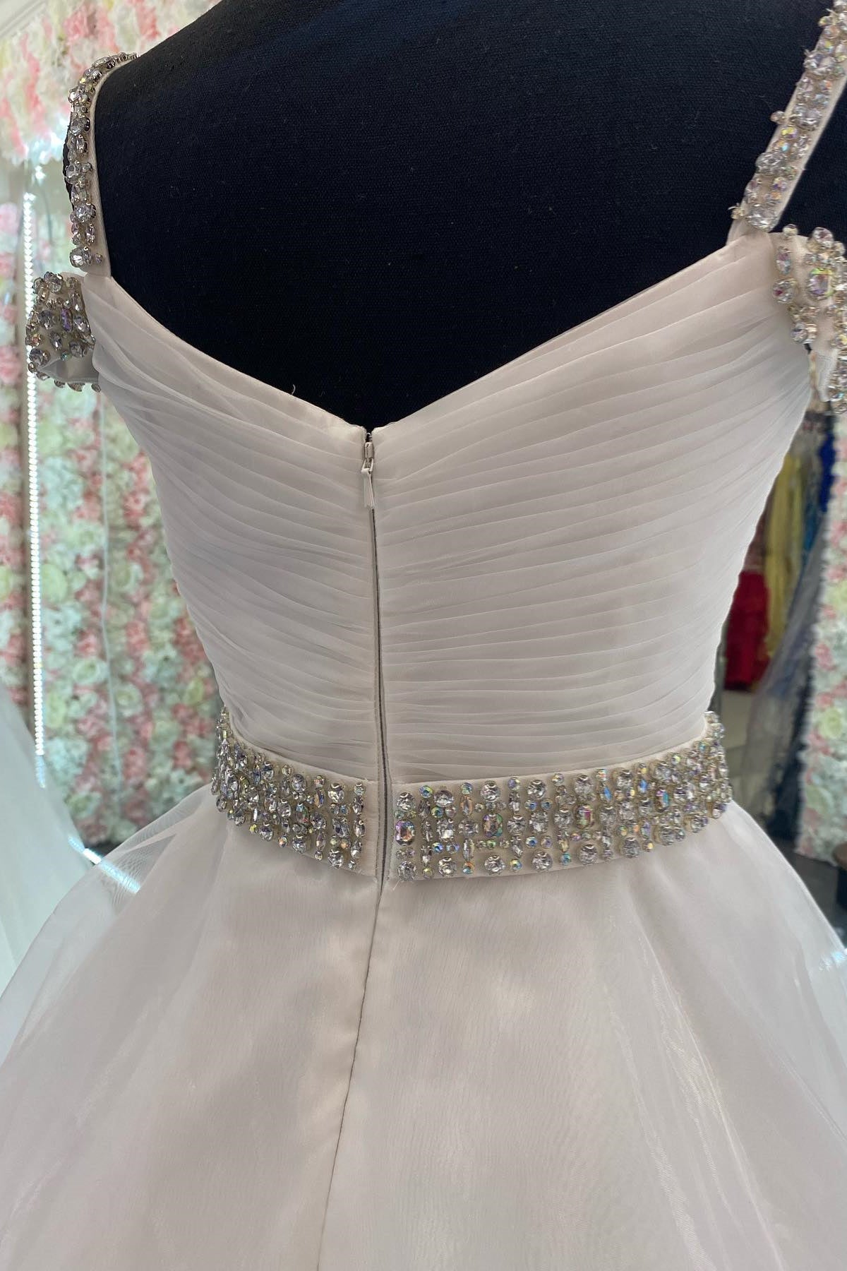 White Off-the-Shoulder Beaded A-line Tulle Long Prom Dress