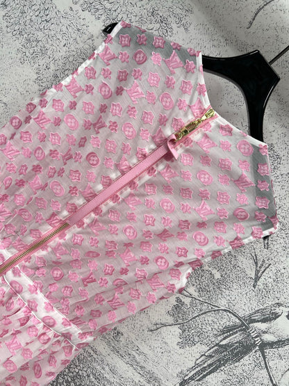 LV 25 Coin Letter Jacquard Pattern Decoration Dress Black Pink Poliester