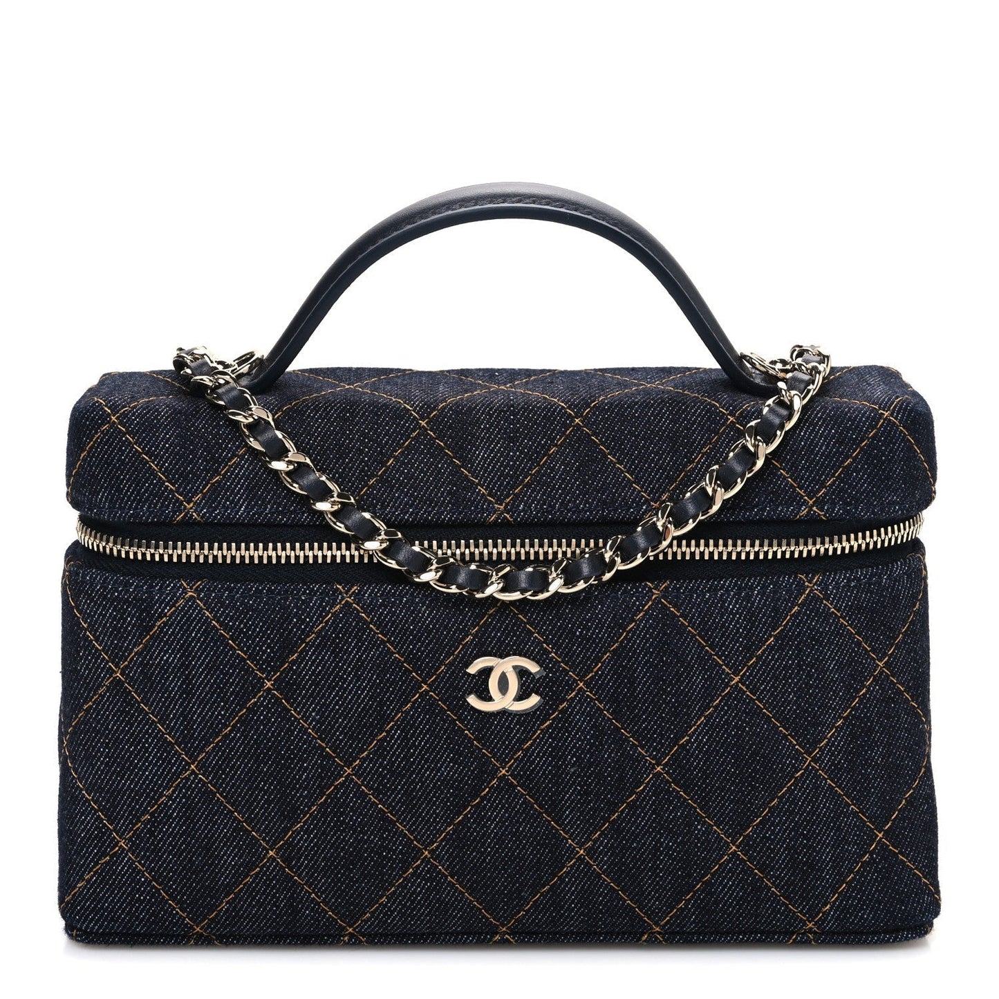Denim Quilted Top Handle Slim Vanity Case With Chain Dark Blue Orange
