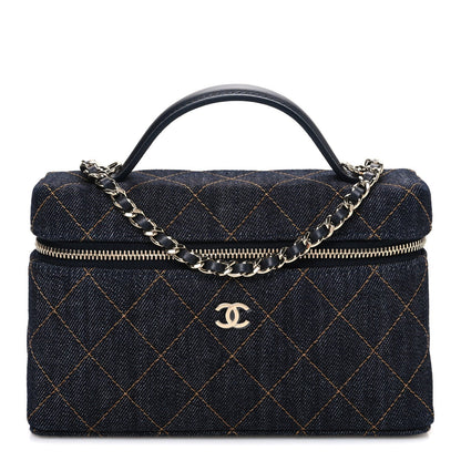 Denim Quilted Top Handle Slim Vanity Case With Chain Dark Blue Orange
