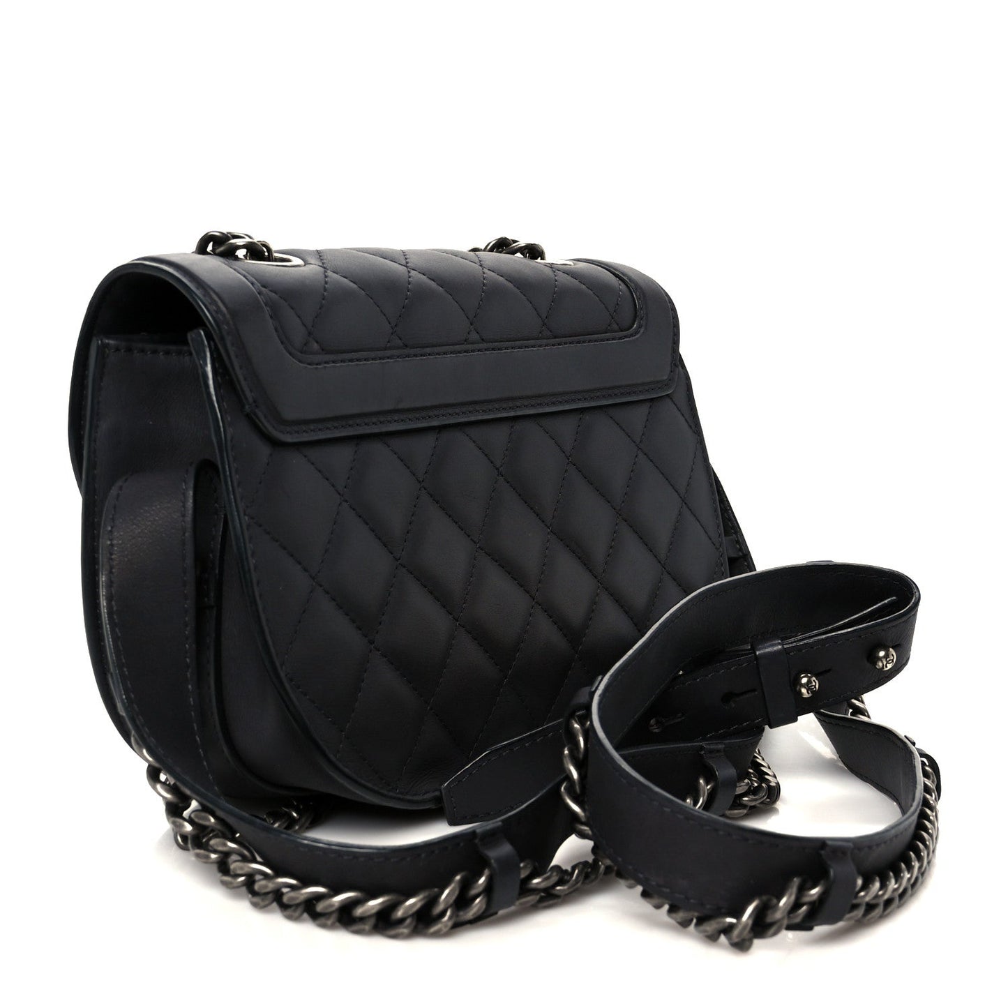 Shiny Goatskin Quilted Small Double Chained Messenger Flap Black
