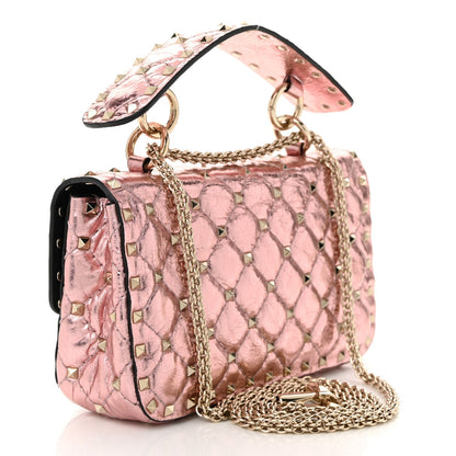 Metallic Wrinkled Lambskin Small Rockstud Spike Shoulder Bag Lipstick