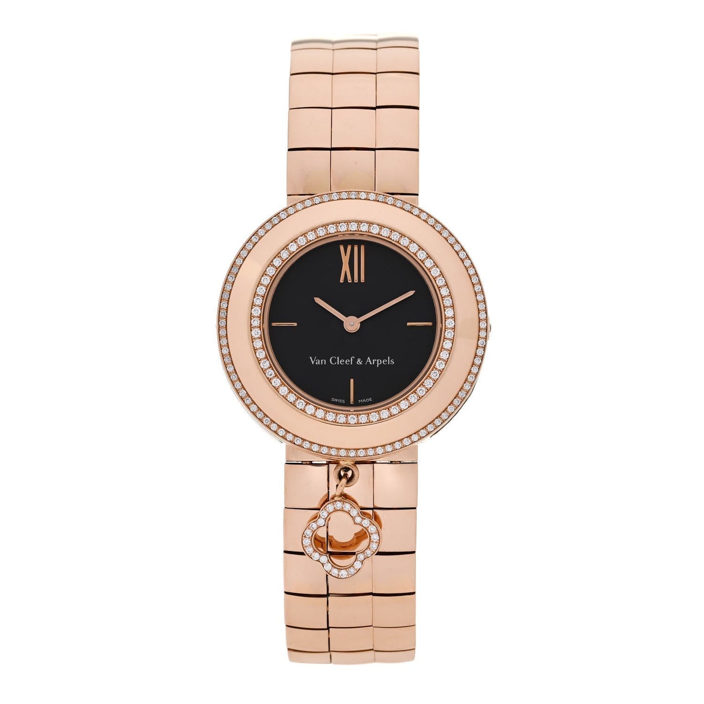 18K Rose Gold Diamond Bezel 32mm Charms Quartz Watch Black