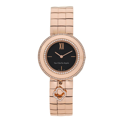 18K Rose Gold Diamond Bezel 32mm Charms Quartz Watch Black
