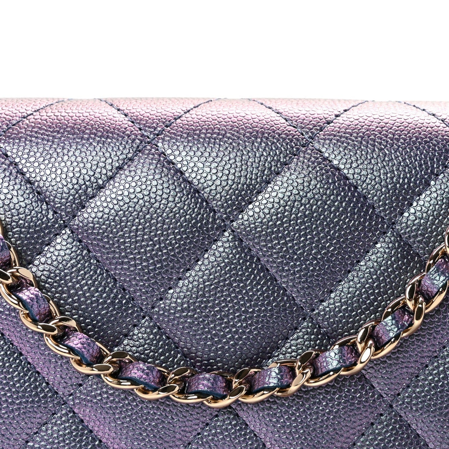 Iridescent Caviar Quilted Wallet on Chain WOC Dark Blue