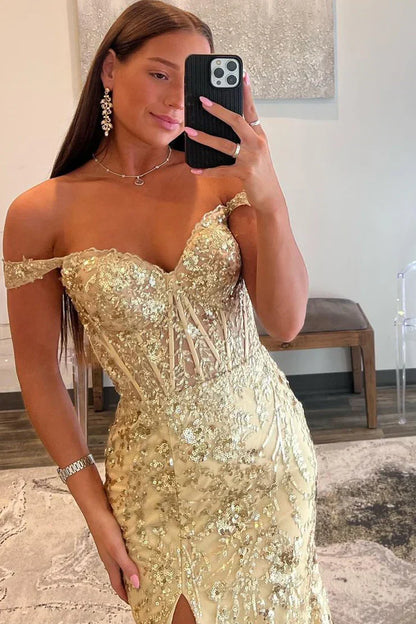 Gold Off-Shoulder Sequined Floral Mermaid Long Prom Dress with Slit