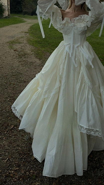 Princess A Line Long Sleeve Tiered Ivory Satin Long Party Dress Evening Dress SH2860