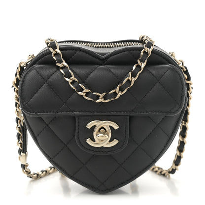 Lambskin Quilted CC In Love Heart Clutch With Chain  Black