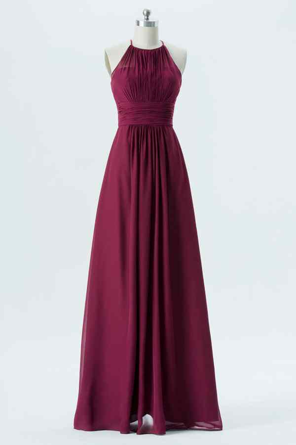 Mulberry A-line Halter Cut-Out Back Chiffon Long Bridesmaid Dress
