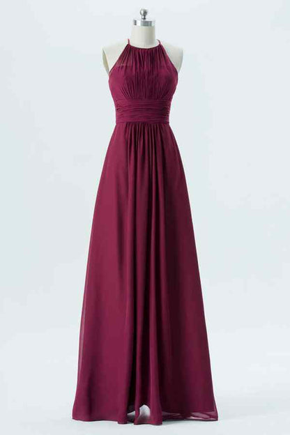 Mulberry A-line Halter Cut-Out Back Chiffon Long Bridesmaid Dress