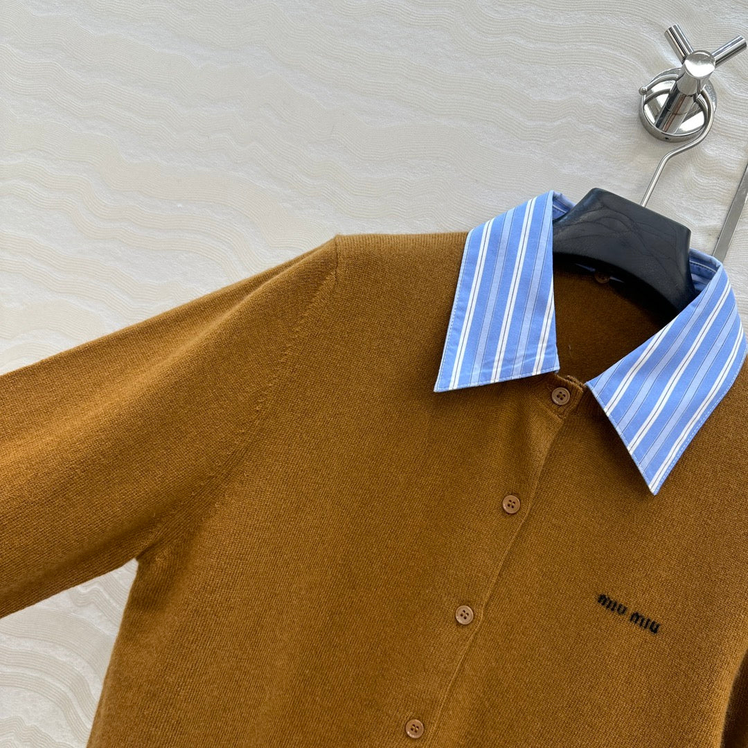 Miumiu Detachable Shirt Cardigan Brown Collar and Cashmere
